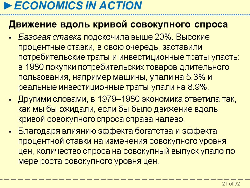 Движение вдоль кривой совокупного спроса Базовая ставка подскочила выше 20%. Высокие процентные ставки, в